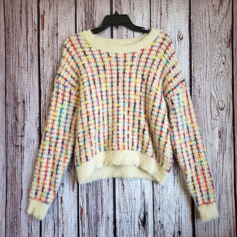En Creme Sweater Rainbow Striped Fuzzy Chunky Knit Pullover Crew